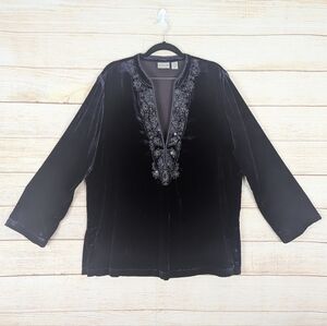 Chico's Size 2 Large Purple Velvet Embellished Tunic Top Beaded Bohemian Blouse
